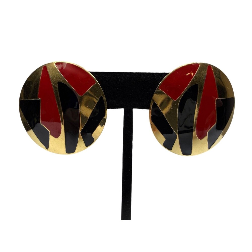 Vintage 80's Gold Tone Red Black Enamel Geometric Round Statement Earrings 1.5"